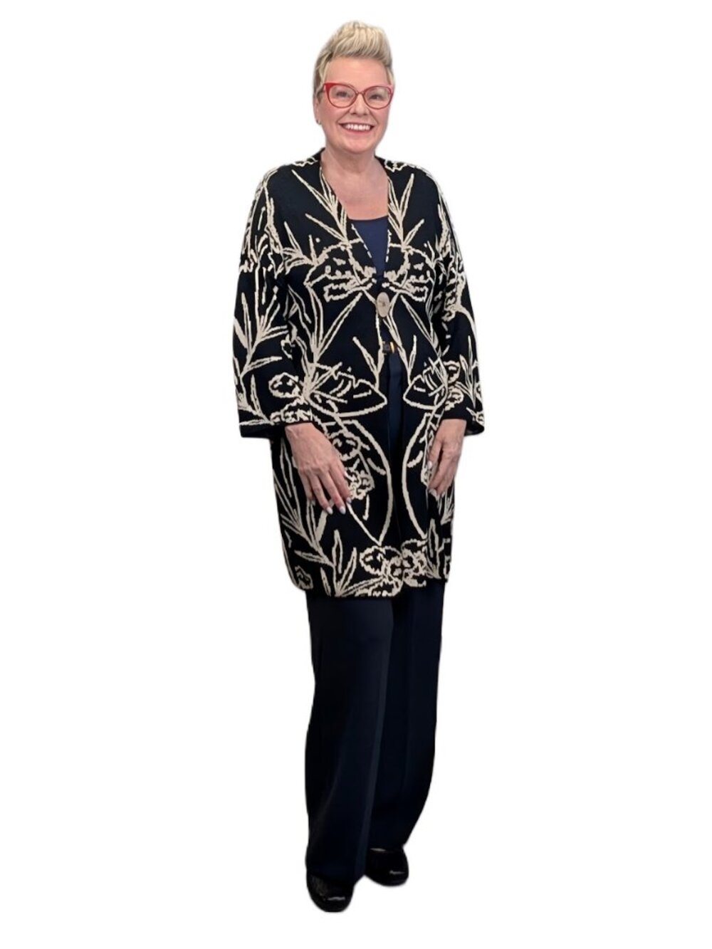 Parfois Black & Cream Floral Knit Cardigan | Open Front | Med (very roomy)
